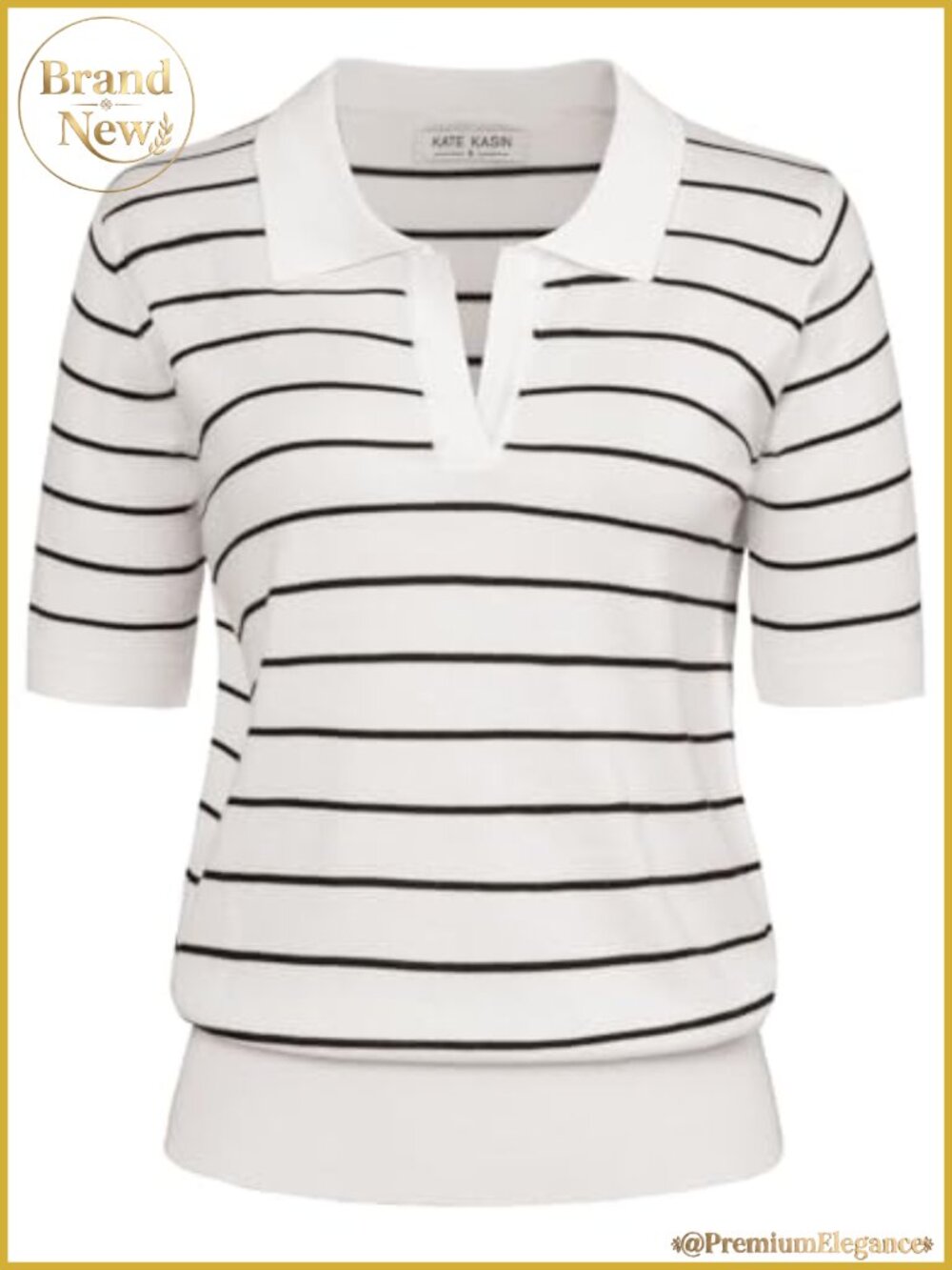 Women's V-Neck Polo Sweater Short Sleeve Striped Ribbed Knit Pullover
